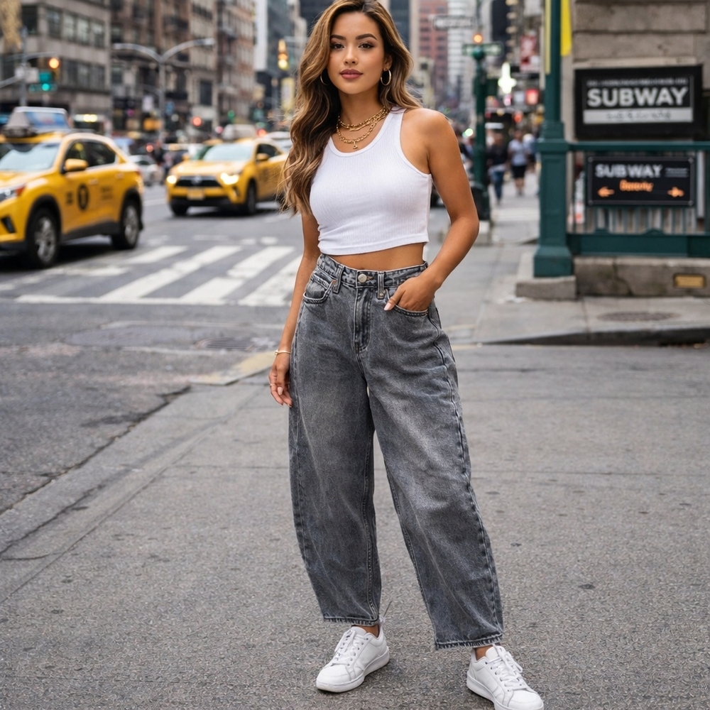 Old Navy High-Rise Barrel Leg Gray Denim Jeans | Cotton Blend Relaxed Fit Trendy